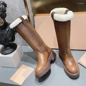 Stövlar brun päls slip-on tjocksula knähög kvinna vinter 2024 svart plysch varm plattform runda tå riddare mode skor