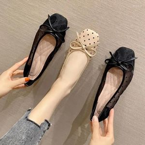 Casual Shoes Dot Women's Flat Kawaii Square Toe Low Heel Elegant Cute Mesh med Bow Flats Ladies Footwear On Sale Promotion Lastest 39