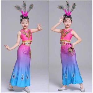 Sahne Giyim Çocuk Çift Omuzlu Dai Dans Elbisesi Balık kuyruğu Etek Elastik Peacock Performans Kızlar Çin Milliyeti