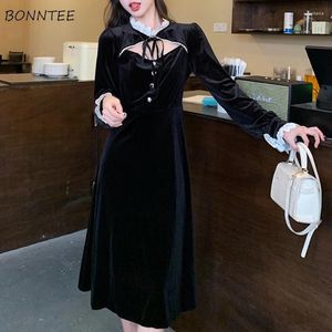 Casual Dresses Women Lace Patchwork Bandage Harajuku Sweet Temper Long Sleeve Mid-calf Vestidos Spring Chic Gentle Classy Y2k