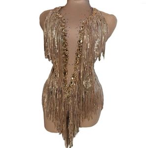 Stage Wear Flashing Red Sequins Fringes Rhinestones Transparent Bodysuit Woman Evening Birthday Celebrate Costume Dancer Leotard Shuye