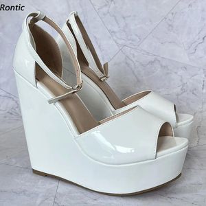 Sandalen Rontic handgefertigte Frauen Plattform-Knöchelgurt Keile Absätze peep toe wunderschöne weiße Party Schuhe Damen US Plus Size 4-20