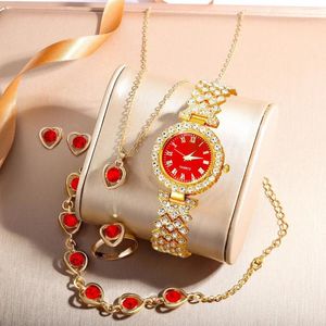 Wristwatches Selling Light Luxury Minimalist Gold Women's Watch And Heart-Shaped Red Rhinestone Earrings Necklaces Bracelets Set