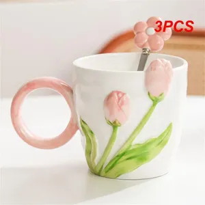 Mugs 3PCS Ins Style Tulip Flower Ceramic Mug Three-dimensional Design Creative Relief Girl Heart Coffee Cup Birthday Valentine's Day