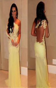 Elegant Tulle Chiffon Oneshoulder Sheath Evening Dresses With Lace Appliques See Through Long Sleeves One Shoulder Yellow Prom Dr9228299