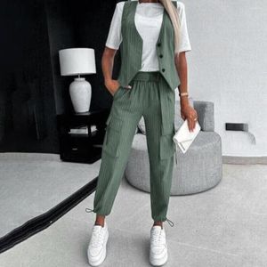 Women's Two Piece Pants Leg Binding Set Elegant Vest With V Neck Sleeveless Waistcoat High Waist Drawstring Trousers For Commute