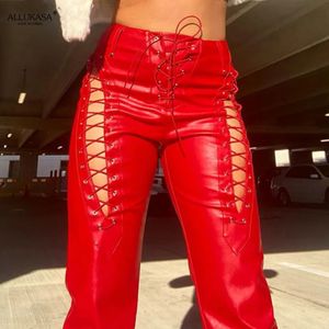 woman pants High Waist Pants Hollow Out Bandage Sexy Autumn Trend Leather Club Slim Streetwear Weird Puss Faux PU Y2K Trousers 240430