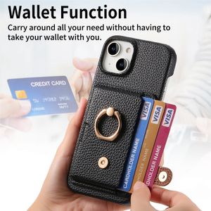 Ring Kickstand Iphone Cases Card Insert Phone Case Multifunction Lichee Leather Wallet design Anti Drop pure color black blue For IPhone 15 Plus 14 13 12 11 Pro Max x xs