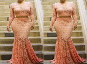 Coral Lace Prom Dresses Mermaid Two Pieces Prom Gowns 2016 Long Sleeves mermaid Summer Formal Party Gowns2028776