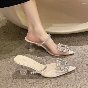 Slippers Summer Pointed High Heels Women Fashion Outwear Water Diamond Pearl Straight Line With Thin Heel Sandals