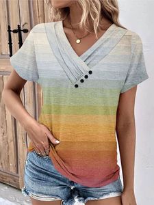 여자 T 셔츠 여름 V- 넥 버튼 패션 스트라이프 그라디언트 컬러 프린트 캐주얼 짧은 슬리브 여성 2024 탑