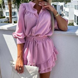 Work Dresses Spring Summer Stand-up Collar Wrist Shirts Ruffles Short Skirts Suit Fashion Solid Color Casual 2pc Set Elegant Commute Outfits