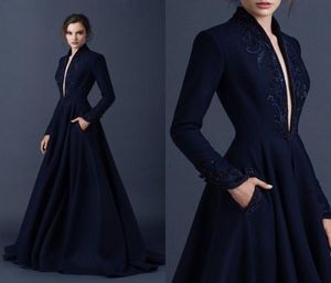 Navy Blue Satin Evening Dresses Embroidery Paolo Sebastian Dresses Custom Made Beaded Formal Party Wear Ball Gown Plunging V Neck 2908464