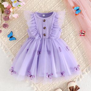 Mädchenkleider 1-4y Baby Prinzessin Kleid Rüschen ärmellose Knopf vorne 3D Schmetterling Tüll Kleinkind Mesh Lace Party Kostüm