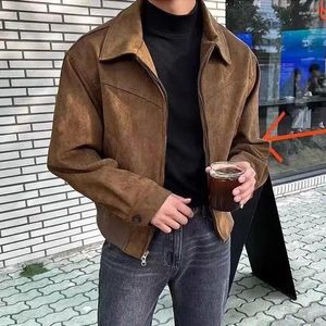 Men's Jackets 2024 Elegant Solid Brown Coat Spring Autumn High-end Loose Lapel Plush Top Winter Zipper Short Jacket Vintage Streetwear