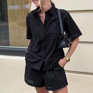 Women's Tracksuits Casual Lapel Button Shirt And Shorts Suit Elegant Solid Color Pockets Summer Outfit Fashion Lace Hollow Out Women Two
