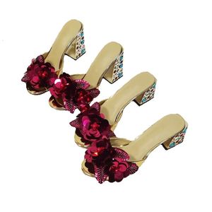 Sommer CM Leder Strass -Strass Frauen Sandalen echte Heels Flip Flops Slipper auf Hochzeitskleid Gladiator Schuhe Bunte Diamant D Blumengröße