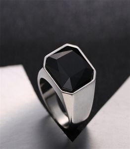 Fashion Mens Signet Rings Stainless Steel color silver Band with Black Stone Inlay Ring for Men Vintage Biker Jewelry Bague Anel M5234299