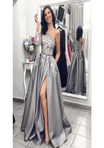 Jedno ramię satynowe Linia REM sukienki Eleganckie długie rękawy Wysokie rozłam wieczór koronkowy aplikacja formalna impreza wieczorna suknia Vestido de 7647410