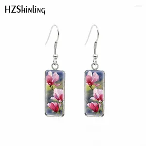 Dangle Earrings 2024 Magnolia Flower Rectangular Earring Oil Painting Fish Hook Glass Cabochon Handmade Jewelry