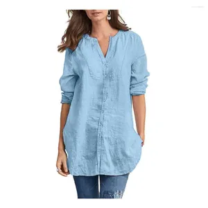 Women's Blouses Women Shirt V-neck Long Sleeve Single Breasted Tops Loose Placket Mid-length Chic Clothes