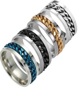 Ångestring Fashion Spinner Chain Ring For Men Gold Black Silver Rostfritt stålkedja Hela mens smycken6227391