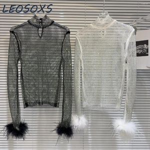 Women's T Shirts 2024 Fall Winter Catwalk Performance Ostrich Fur Cuff Hollow Rhinestone Mesh Long Sleeve T-shirt Women Shirt Tops Ladies