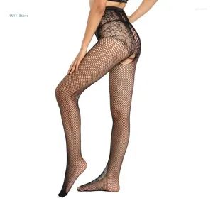 Women Socks Sheer Pantyhose With Open Crotch Floral Fishnet Tights For Nightclub Party