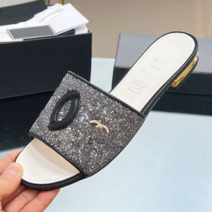 Womens Low Heels Sandals Slip On Slippers Designer Shiny Glittered Tulle Slides Ladies Mules Outdoor Beach Shoe Summer Leisure Shoe Silver Gold Casual Shoe