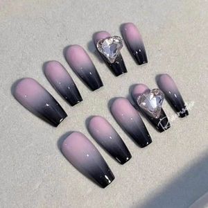 European American Girl Style Unhas Falsas Duas Cor para Conjunto Cinza Preto Pink Gradient Smudge T Long Girls Girls False Nails Adesivo 240430