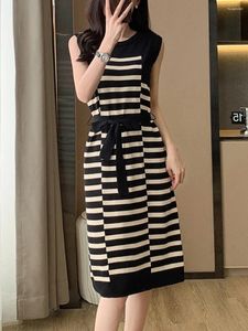 Casual Dresses Summer Women Fashion Striped Knitted Women's Elegant Slim Straight Dress Ladies O-neck Pullover