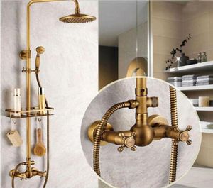 Bahroom Antique Brass Shower Kaucet Rainfall Shower Dual Handtag Mixer med Bath Shelf3475605