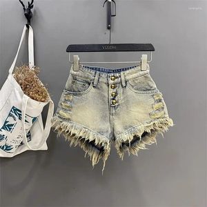 Women's Jeans Retro Make Old Ripped Heavy Industry Fringed Burr A- Line Super Short Shorts Girl Sheath Single-Breasted Denim