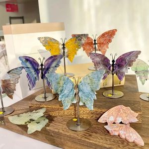 1Pair Natural Crystal Rainbow Fluorite Butterfly Wings Rose Quartz Moss Agate Carving With Stand Home Decoration 240429