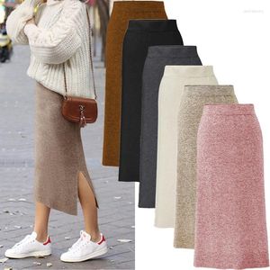 Skirts Wool Skirt Female Autumn Winter Knitted Soft Mid-Calf Long High Waist Large Size Thicked Wram Solid Split One-step