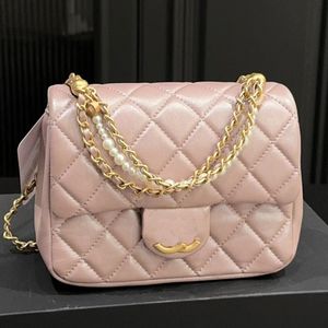 24P Pearly Purple Designer Women Cute Pearl Chain Shoulder Bag Gold Hardware Luxury Wallet Flap Bag Matelasse Chain Cross Body Bag Leather Quilted Handbag 17x12cm