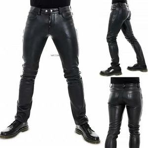 Herrläderbyxor Solid Color PU Motorcykel Elastisk fritid Punk Style Slim Fit Full Length Trousers 240419