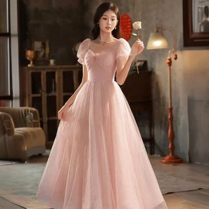 Festklänningar rosa puffhylsor prom klänning fransk fyrkantig krage enkel quinceanera elegant tyll lång a-line examen vestido