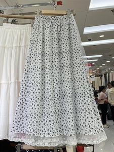 Kjolar koreansk mode länge för kvinnor blommor tryck spetslock a-line hög midja kvinnlig kjol faldas ajustadas dropship