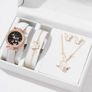 Wristwatches 6pcs Luxury Women Ring Necklace Earrings Bracelet Set es Butterfly Leather Strap Ladies Quartz Wrist No Box d240430