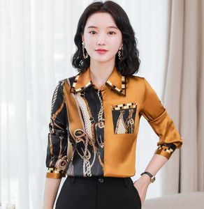 新しい女性のブラウスデザイナーエレガントなシルクプリント滑走路シフォンシャツ美しい長袖オフィスレディースボタンシャツ