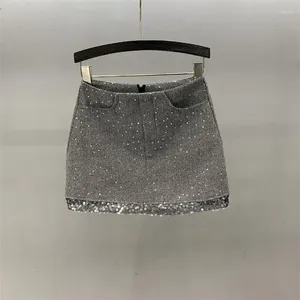 Skirts Elegant A Line Summer Mini Women Fashion Sequined Above Knee Skirt Black Gray Pockets Zipper Slim Package Hip Sexy