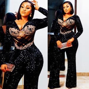 2024 Plus Size Black Jumpsuits Prom Dresses for Special Occasions Evening Dresses Elegant Long Sleeves Sequined Lace Birthday Party Dress Reception Gowns AM831