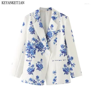 Women's Suits KEYANKETIAN 2024 Launch Flower Print Vintage Suit Asymmetrical One-Button Slim Outerwear Office Lady Short Coat Top