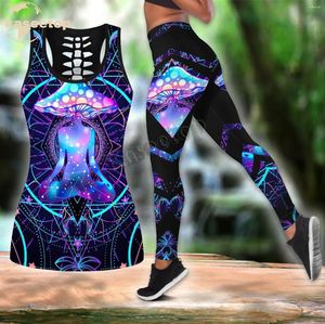 Женские танки Trippy Mushroom Двух частей йога набор женщин 3D Print Vest Hollow Out Tank Legging Stired Summer Casual LK45