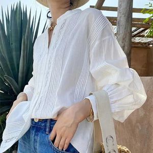 Frauenblusen super schickes weißes Hemd Frauen Baumwolle Pintuck Details Lose Boho-Stil O-Neck Long Sleeve Elegant Tops Shrits Shrits