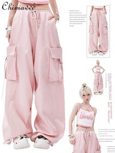 Calças femininas macacão rosa para mulheres 2024 Roupas de primavera Moda retro retro up menina doce solto casual calça as calças de cintura alta