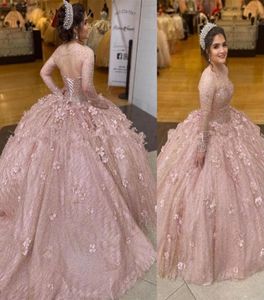 2021 Sexy Blush Pink Sparkly Sequined Ball Gown Quinceanera Dresses Bridal Gowns Illusion Lace up corset Hollow Back Sequins Long 7562648