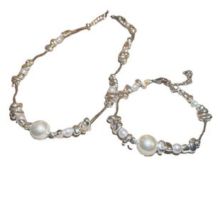Broken silver pearl irregular splicing necklace bracelet set light luxury design sense clavicle chain temperament new jewelry