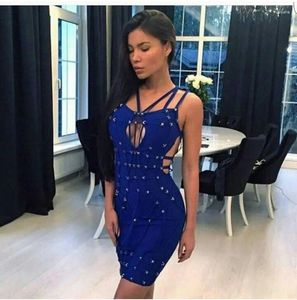Casual Dresses Womens Fashion 2024 Arrival Blue Strap Cutout Evening Bandage Dress With Metals Embellishments